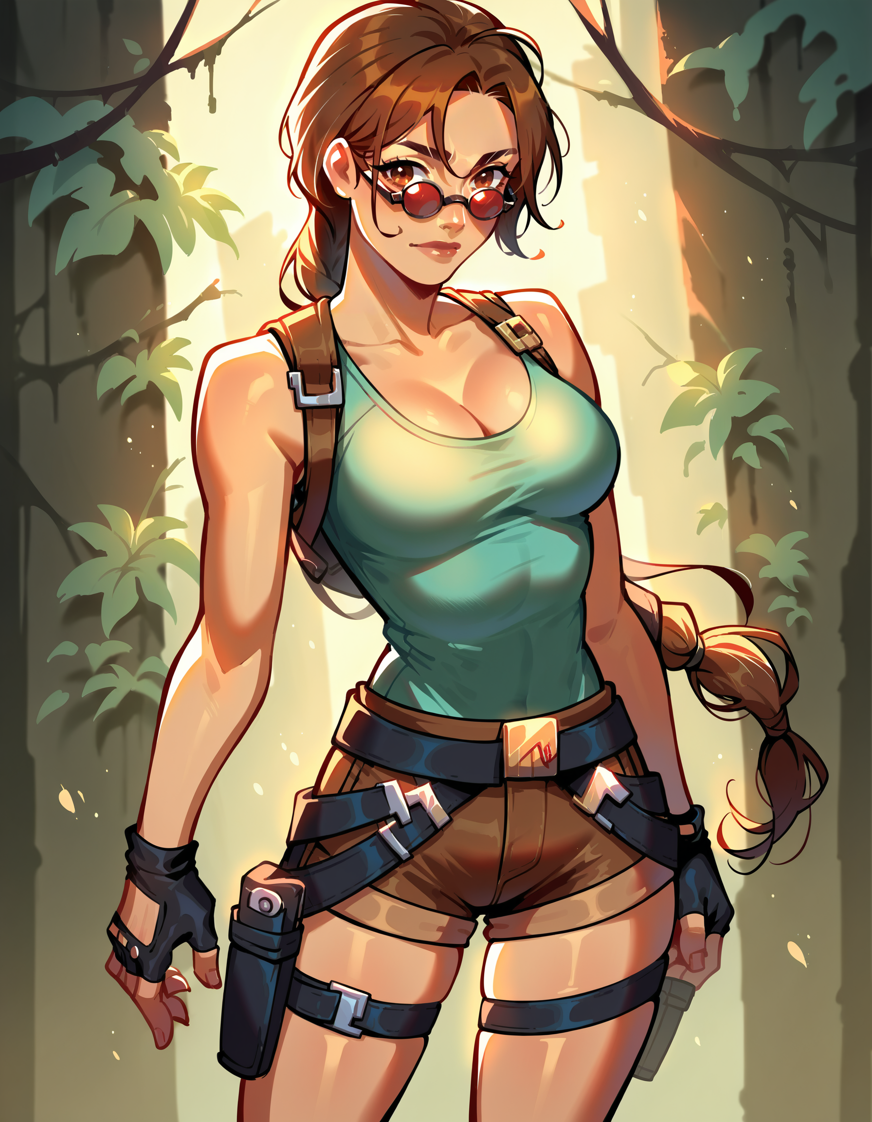 source_anime, score_9, score_8_up, score_7_up,
laracroftxl, 1girl, solo, fingerless gloves, holster, cleavage, short shorts, tinted eyewear, medium breasts, thigh holster
 <lora:LoraCroftxl:1>