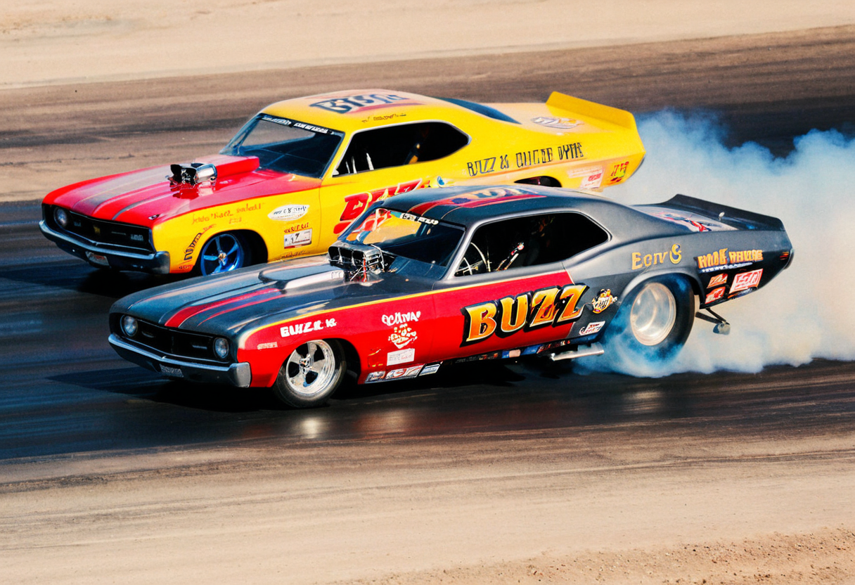 ClassicMuscleCar, ((multiple dragsters racing)), front side view, sunny, desert, smoke trail, aerial view, motion blur, 4K, highly detailed, (stylish grainy analog 35mm film photo, "BUZZ")