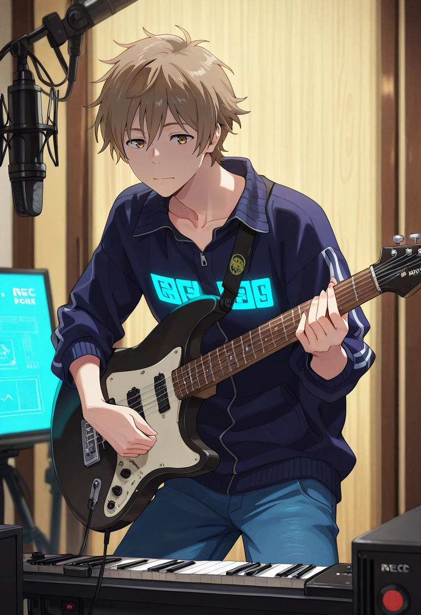 masterpiece, best quality, intricate details, , , 1boy, solo, male focus, <lora:shun_hashimoto_ilxl:0.94>, shun_hashimoto, brown hair, brown eyes, short hair, music studio, soundboards, glowing panels, hanging guitars, recording pose, creative expression, electric vibe,