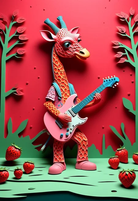 A giraffe with pink mohawk and tribal face paint dressed in a colorful punk rock outfit, playing a red electric guitar on stage, high-energy concert scene, cosmic background, cyberpunk-animal fusion with comic-style exaggeration
Tags: minimalist composition, simple composition, clean lines, made of strawberry, low-poli, voronoi, voxels, transformed into a strawberry-themed landscape, strawberry-themed elements, illustration insanity, surrealist artistic textures, fluid realism, Paper Quilling, Layered Paper