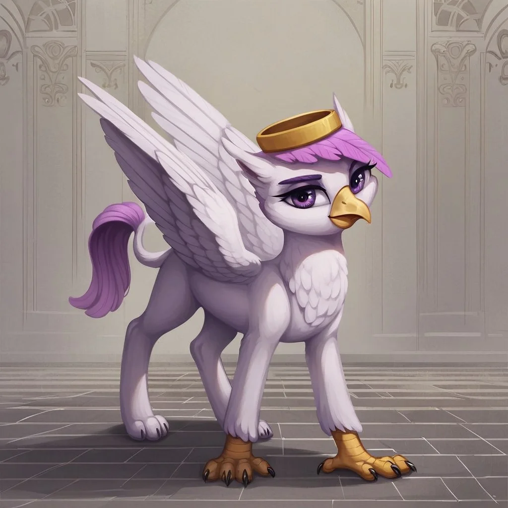 masterpiece, score_9_up, score_8_up, score_7_up, score_6_up, source_furry, (best quality:1.1), ultra-detailed, high resolution, solo, 1bird girl, Taillow Sumpfkiel, countess, griffon, avian, feral, female, mlp, ((beautiful detailed purple eyes)), long eyelashes, purple eyebrows, beak, wings, tail, white feathers, white plumage, feathery ears, (feathery pink hair), plump body, modest gold crown, full body, grand ballroom, medieval, chandelier, marble floor, dancing pose, sensual, warm lighting, sharp focus, highly visible, anatomically correct, detailed background