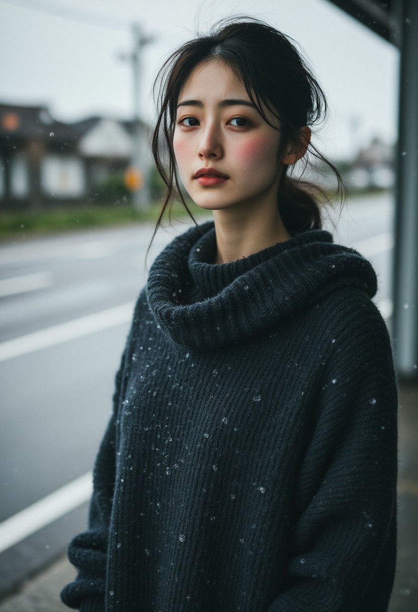 FictionalAkiko, black hair, brown eyes,freckles, messy hair.
Standing at a busstop in rural japan in the rain. Looking sad. full body shot. Analog