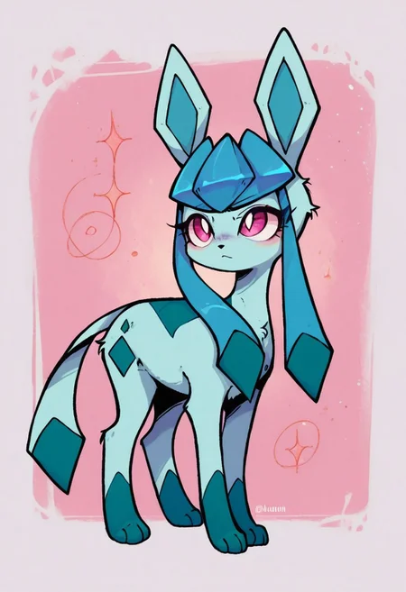 score_9, score_8_up, score_7_up, valbun, expressiveh,
solo, full body, three quarter view, glaceon, feral, light blue fur, pink eyes, eyelashes,
abstract background,