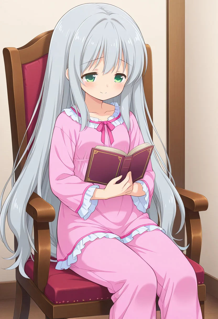 1girl, solo, lalaciellalanciel, grey hair, very long hair, hair down, green eyes, pink nightgown, pink pants, pajamas, indoors, sitting, chair, holding book, sad, smile,