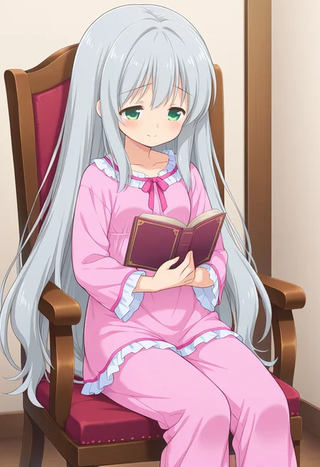 1girl, solo, lalaciellalanciel, grey hair, very long hair, hair down, green eyes, pink nightgown, pink pants, pajamas, indoors, sitting, chair, holding book, sad, smile,