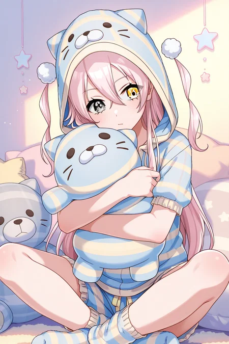masterpiece, best quality, amazing quality,
<lora:Lumina_IL:1> lumina, 1girl. solo, sitting, hood, heterochromia, long hair, yellow eyes, socks, stuffed toy, star (symbol), pink hair, indian style, object hug, animal hood, pajamas, bangs, short sleeves, hoodie, stuffed animal, hood up, hair between eyes, grey eyes, plaid, loungewear, striped