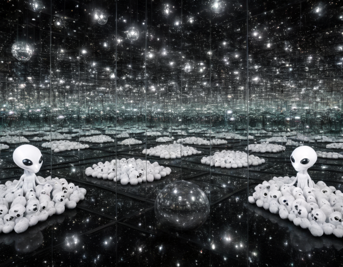 <lora:ykif:0.8>ykif weird alien plush toys on the ground in an infinity room surrounded by mirrors on all sides