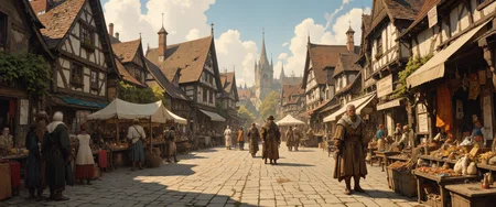 Bustling medieval marketplace in Bohemian town square, 1403. Half-timbered houses with steep thatched roofs surround cobblestone plaza. Colorful merchant stalls display spices, fabrics, and handcrafted goods. Peasants in earth-toned homespun garments haggle with traders. Noblemen in fur-trimmed cloaks and pointed shoes stroll by. Smell of fresh bread and roasted meats wafts from nearby tavern. Wooden carts laden with produce. Church spire looms in background. Intricate details on period-accurate clothing and architecture. Warm golden sunlight bathes scene. Atmospheric depth, rich textures. 8k resolution, hyperrealistic, masterpiece quality. <lora:Niji V2B:0.7> <lora:é»è²å¹»æ³_1.0:0.6> <lora:MoriiMee_Gothic_Niji_Style_FLUX:0.8> <lora:aidmaWomanBodyTattoo-FLUX-V0.1:0.4> <lora:aidmaBaldursGate3-FLUX-v0.1:0.5> <lora:Semi-realisticPortraitPainting:0.2> <lora:flux_dev:1>