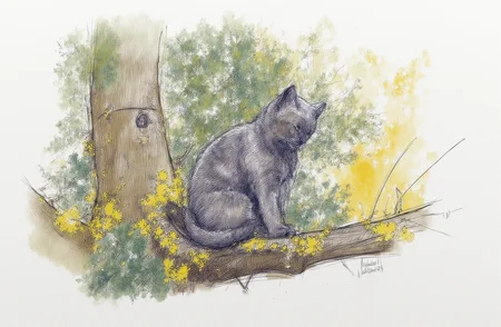 Sharp image of a rough sketch, rendered in vibrant multi colour ballpoint pen, capturing the adorable features of a portait of a gray cat sitting on a tree branch. The cat is facing towards the right side of the image and appears to be looking off into the distance. The tree branch is covered in yellow lichen and there are other trees and foliage in the background. The image is taken from a low angle, with the cat's body slightly angled towards the camera. The background is blurred, but it seems to be a forest or wooded area with sunlight shining through the trees.  p3nsk, <lora:p3nsk:1>