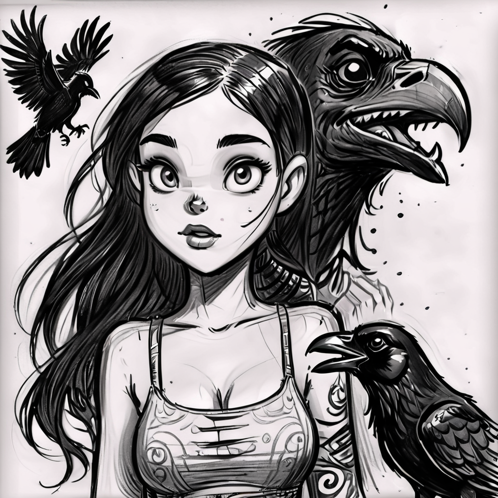 drawix18 girl and raven, black ink, very detailed <lora:drawix18:0.8>
