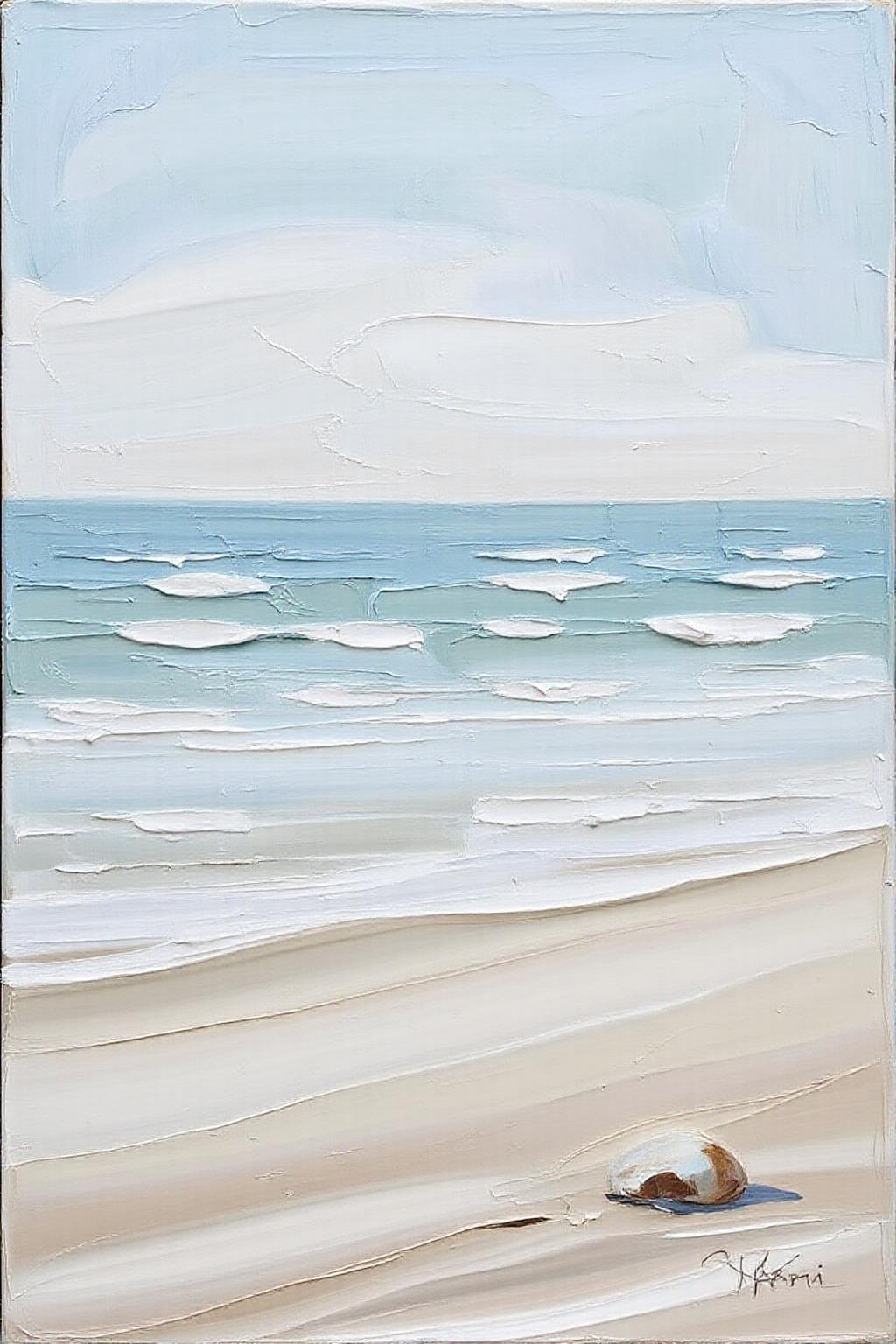 impasto oil painting. a serene, minimalist beach scene with soft, clean lines and a muted color palette of sandy beige, pale blue, and white. The horizon is a simple division between sky and sea, with the ocean stretching out in gentle, subtle waves. A single, smooth rock or a delicate seashell rests on the empty shore, adding a touch of detail to the simplicity. The sky is clear, with a faint gradient from soft blue to white at the horizon. The composition exudes calmness and balance, emphasizing open space and tranquility.     <lora:Flux-Sch-SingleBlocks-BF16:1.0> <lora:impasto6_cap_d6a3e11:1.0><lora:804334198140726996:0>