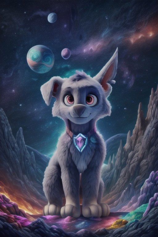 {rocky, paw patrol, grey fur, left eye marking, floppy one ear, tail, full body, ((solo)), male, high light, ((planets)), fire meteor, nebula, stars, universe, ((cosmos)), crystal, ((colored crystals)), (((focus on character))), burning sky, realistic fur, anatomically correct, detailed, detailed fur, best quality, masterpiece, detailed eyes, detailed pupil,}