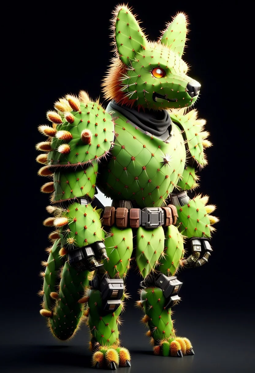 score_9, score_8_up, score_7_up, cs-l3ath3r, NCRender, 
Hidegarurumon is a fierce, wolf-like Digimon covered in rugged, dark brown Prickly Cactus armor. Its fur is sparse and resembles a patchwork of aged, Prickly Cactus  pieces that provide both flexibility and durability. The armor on its body is reinforced with Prickly Cactus  straps and buckles, designed to offer both protection and mobility. Its glowing yellow eyes shine through a mask-like Prickly Cactus  faceplate, and sharp Prickly Cactus claws extend from its paws, capable of tearing through most materials. A large, jagged Prickly Cactus tail swishes behind it, hardened to serve as both a weapon and a tool for balance in combat. NCRender