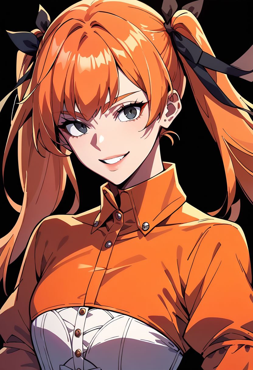 score_9,score_8_up,score_7_up,score_6_up, easynegative, Magnus_PS, 1girl, twintails, smile, orange hair, orange shirt, long sleeves, black background, hair ribbon, corset, simple background, black eyes, bangs, teeth, black ribbon, upper body, lips epiCPhoto
