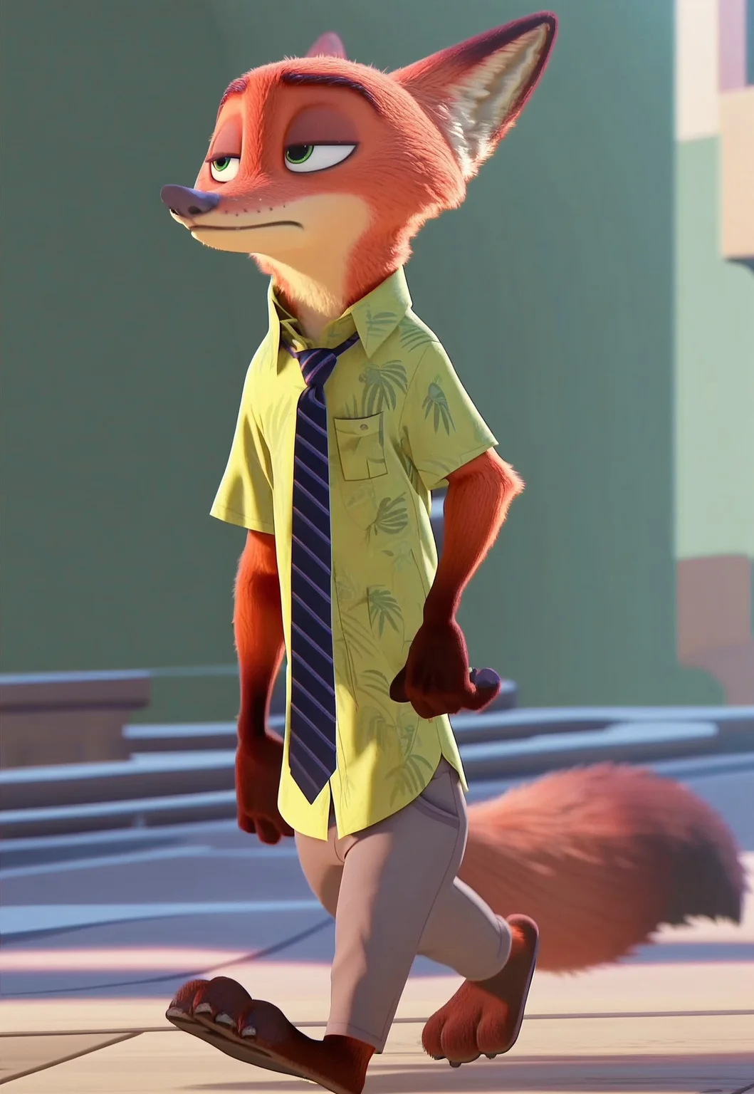 score_9, score_8_up, score_7_up, score_6_up, screencap, 4k, blurred background, highly detailed, green background, outdoors, full body, NickWilde, fox, solo, Green Eyes, Green Hawaiian Shirt, Tie, Tan Khaki Pants, walking, male, anthro, looking away
