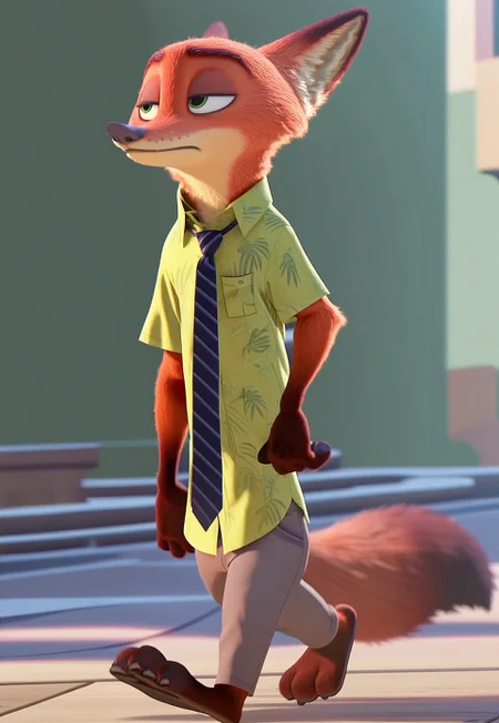 score_9, score_8_up, score_7_up, score_6_up, screencap, 4k, blurred background, highly detailed, green background, outdoors, full body, NickWilde, fox, solo, Green Eyes, Green Hawaiian Shirt, Tie, Tan Khaki Pants, walking, male, anthro, looking away