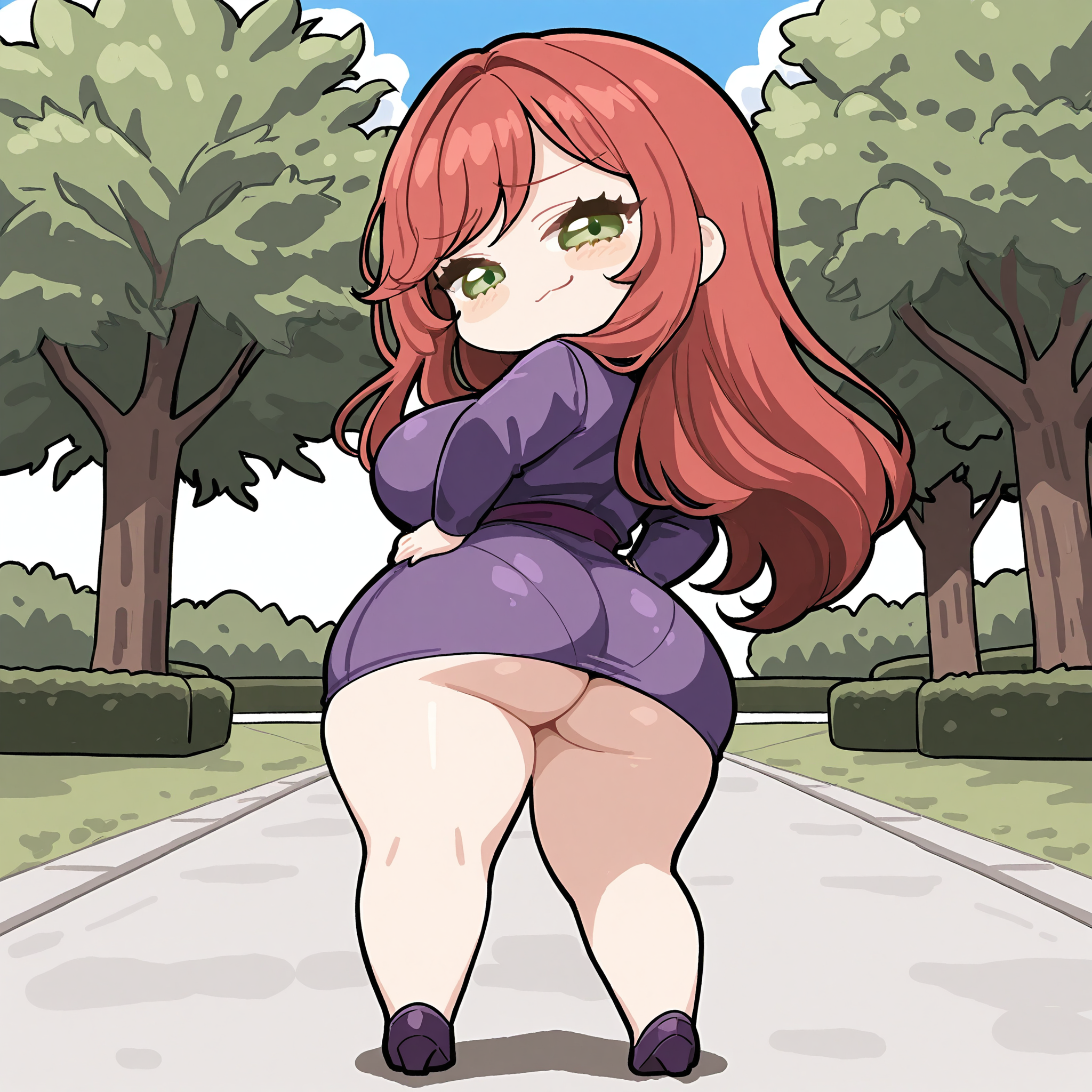 (masterpiece), best quality, (highly detailed), 1female, solo, <lora:Zakuroten_style_Illustrious:0.8> , chibi, park, purple dress, from behind, huge ass, hands on hips, red hair, long hair, green eyes, smug, looking back,