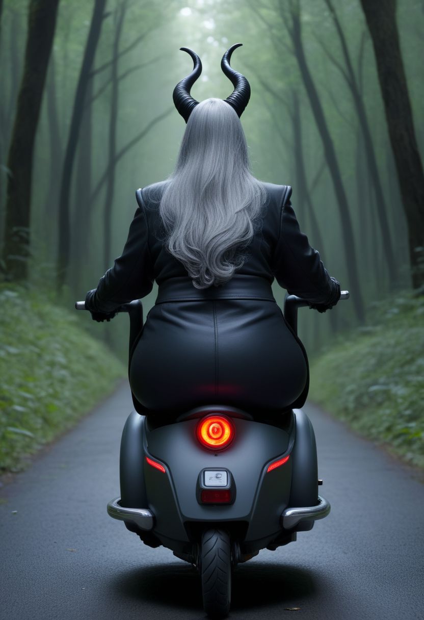 Masterpiece, detailed, animation, rear_view, 60 years old, solo, long gray hair, curvy, tall, Maleficent, on a senior mobility scooter, dark forest,  lots of detail, hands hidden or out of view, leather clothes.