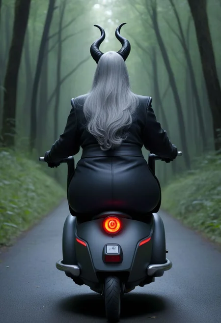 Masterpiece, detailed, animation, rear_view, 60 years old, solo, long gray hair, curvy, tall, Maleficent, on a senior mobility scooter, dark forest,  lots of detail, hands hidden or out of view, leather clothes.