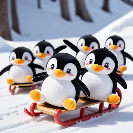 several penguins on a sled, sliding on the snow,
happy, cute, snow , snowing,
dynamic, motion blur,
 <lora:woafu_plushify_sdxl_v02:0.8> plushify, character stuffed toy, chibi
