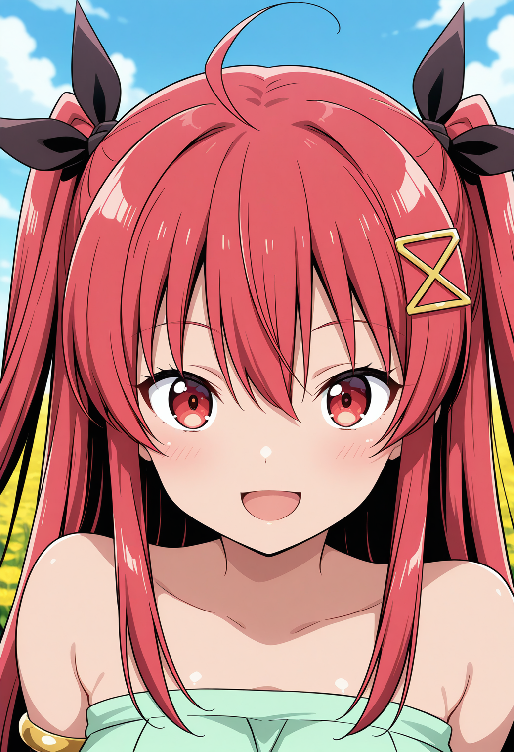 hino_yachika, red eyes, red hair, long hair, two side up, ahoge, hair ribbon, black ribbon, hair ornament, bracelet, strapless dress, light green dress,  <lora:Abaddon_hino_yachika_illustrious_ver1:0.8> 
smile,, masterpiece, best quality, general,, 1girl, solo, (field:1.2), (blue sky:1.2), looking at viewer,, (upper body:1.2), (close-up:1.2), (facing viewer:1.2), (open eyes:1.4), (portrait:1.2)