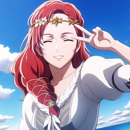warofroh, 1girl, red hair, Hera, white dress, outdoors, clouds, floating, smile, v, peace sign, closed eyes, close up, smile, blue sky, circlet, dutch angle