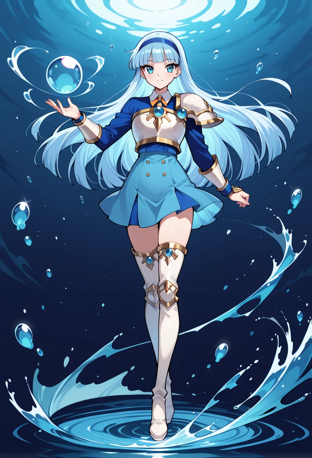 masterpiece, best quality, high quality, anime, solo,
<lora:AEUmiIlx:1>
standing, light smile, water drop, hydrokinesis,
AEUmiKnight, blue eyes, blue hair, blunt bangs, long hair, blue hairband, white breastplate, single shoulder pad, shoulder armor, blue skirt, thigh armor, white footwear, white thigh boots, zettai ryouiki, full body,
