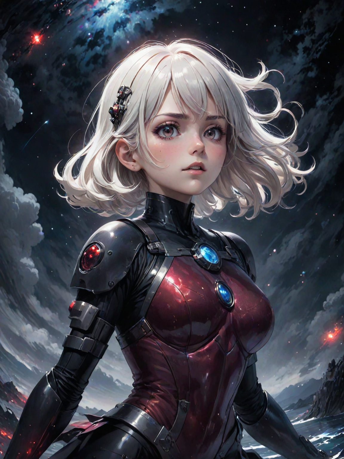 a quite night at the lake, by krenz cushart and mucha and akihito yoshida and greg rutkowski, nier:automata inspired, bravely default inspired, vibrant but dreary but upflifting red, black and white color scheme!!! space nebula background, highly detailed portrait, digital painting, artstation, concept art, smooth, <lora:LCM_LoRA_Weights:0.7>