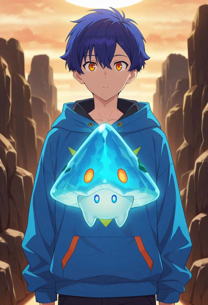 masterpiece, best quality, , anime screencap, , official style, looking at viewer, 1boy, solo, male focus, <lora:yomogi_asanaka_ilxl:0.94>, yomogi_asanaka, blue hair, orange eyes, short hair, bangs, hair between eyes, , , cavern market, glowing fungi, rock-carved stalls, subterranean goods, shopping pose, intrigued expression, torchlight,