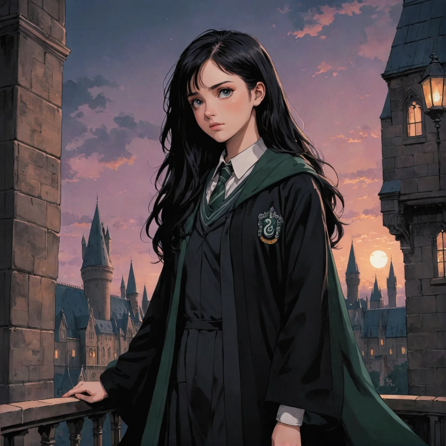 anime art, anime coloring, a girl wearing a slytherin uniform with black robe, hogwarts, low angle, muted colors, dark palette, hazy twilight, (looking away, looking far:1.3) <lora:harry_potter_v1:1>