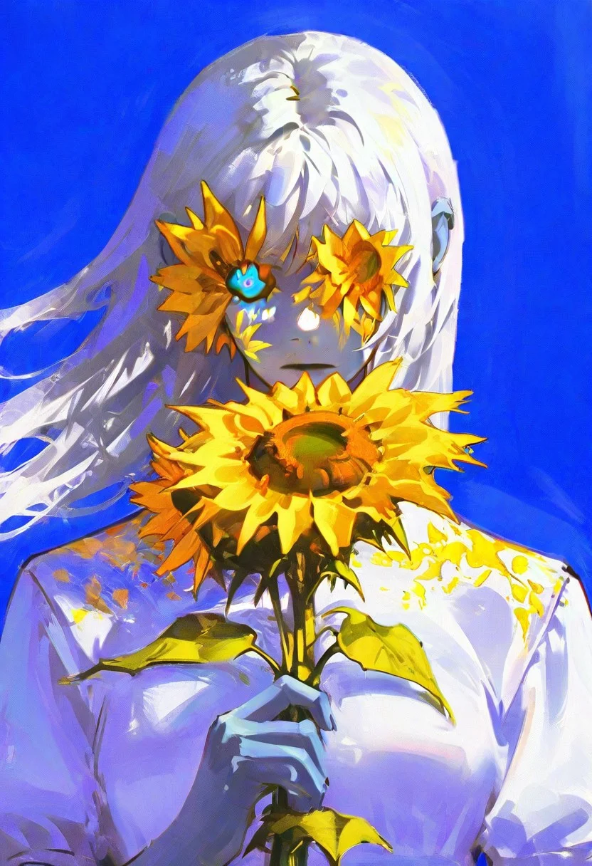 n30n01r, glowing, <lora:NeoNoir:0.8>,
iumu, <lora:iumuV1e§¦ae¯iumu:0.8>,
<lora:spo_sdxl_10ep_4k-data_lora_webui:0.8>,
(very awa,masterpiece,best quality,highres,absurdres),s007,(ambiguous gender:1.05),solo,(yellow Highlight:1.1),(blue shadow:0.95),(overexposure:1.1),holding flower,sunflower, gray skin, long white hair, star covering one eye,dappled sunlight,(upper body:1.1),eye focus,expressionless,(wind:1.1),straight-on,facing viewer,