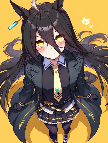 masterpiece,best quality,very aesthetic,absurdres,highres,newest,
mht race, manhattan cafe (umamusume),
ahoge, animal ears, black gloves, black hair, black jacket, black skirt,
collared shirt, earrings, gloves, hair between eyes, horse ears, horse girl,
jacket, jewelry, long hair, long sleeves, multicolored hair, necktie, shirt,
single earring, skirt, yellow eyes, black coat, black pantyhose, black shirt,
coat, highres, pantyhose, white footwear, yellow necktie, pleated skirt, horse tail,
tail, very long hair, blush, eyes visible through hair, long hair between eyes, eyebrows visible through hair,
eye_focus,<lora:eye_focus:1>,
<lora:umamusume_manhattan_cafe_ill_v1.0:1>,