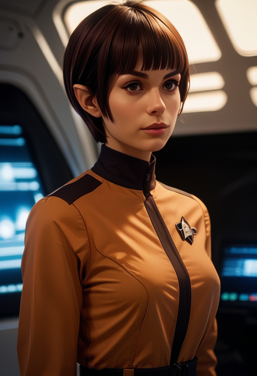 source_9, source_8_up, source_7_up, source_6_up, vulc4n, on a spacecraft, cowboy shot, 1girl, pointy eyebrows, blunt bangs, brown hair, very short hair, wearing a uniform  <lora:vulc4n-v4:1>