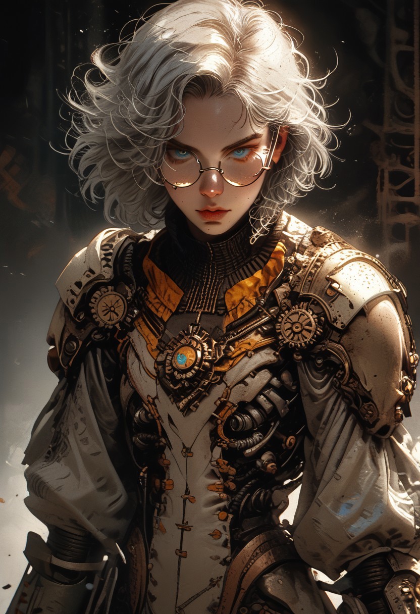 Safe_pos, (score_9, score_8_up, score_8), ultra detailed, high resolution, high quality, masterpiece, intricate details, intricate body, intricate landscape, knva, Expressiveh, European Male, (((1male))), ((male)), source_cartoon, Slender, Handsome, Masculine, ((Grey Hair, Short-Cropped Hair, Flattop)), ((Stubble, Five O'Clock Shadow)), (Stubble), (Circular Eyeglasses), (Flattop Hair), (Pale Skin, Delicate and Smooth Skin, Highly Detailed, Strong Jawline), (Blue Eyes), Artificer, (Steampunk Power Armor in the style of fallout-power-armor), Fantasy, Medieval, Steampunk, Scholar Vibes, ((Extremely Detailed Face and Eyes)), Looking at Viewer, Soft Lighting, Warm Lighting, Unique Angle, Unique Perspective, Dramatic Angle, ((Full Body)), From Above,