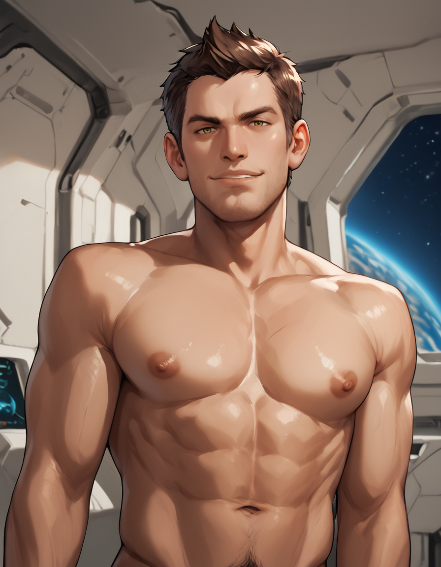 score_9, score_8_up, score_7_up, score_6_up, score_5_up, male focus, indoors, spacecraft, space, <lora:ddj01bs10:0.8>
BREAK <lora:SWTOR_-_Theron_Shan_-_Pony_4:0.8>, theronshan, brown hair, short hair, fauxhawk, dark skin, male, olive eyes, upper body, nude, looking at viewer, naughty face, navel hair, thick pubic hair, groping own chest