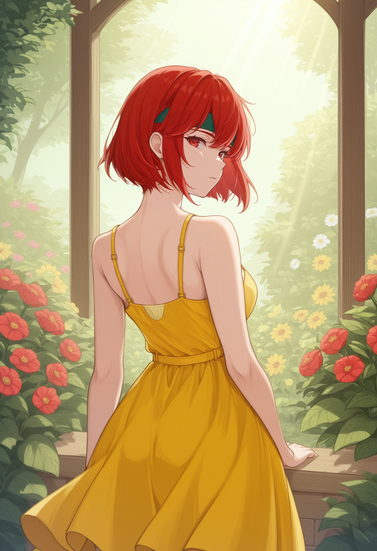 masterpiece, best quality, 1girl, solo,  <lora:NSMinervaFESD:1> NSMinervaMisc, red eyes, red hair, short hair, green headband, yellow sundress, from behind, looking back, garden, sun rays, flowers