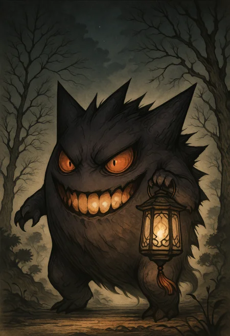 masterpiece, best quality,     y0k4i, gengar, tree, bare tree, lantern, glowing, night,  <lora:YokaiPokedex_IXL:1.0>,