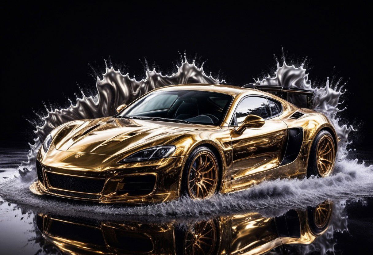 GOLD LIQUID METAL sports car, race car, racing through SILVER LIQUID METAL, liquid metal sprays up from the cars tyres, Car drifting in a black void