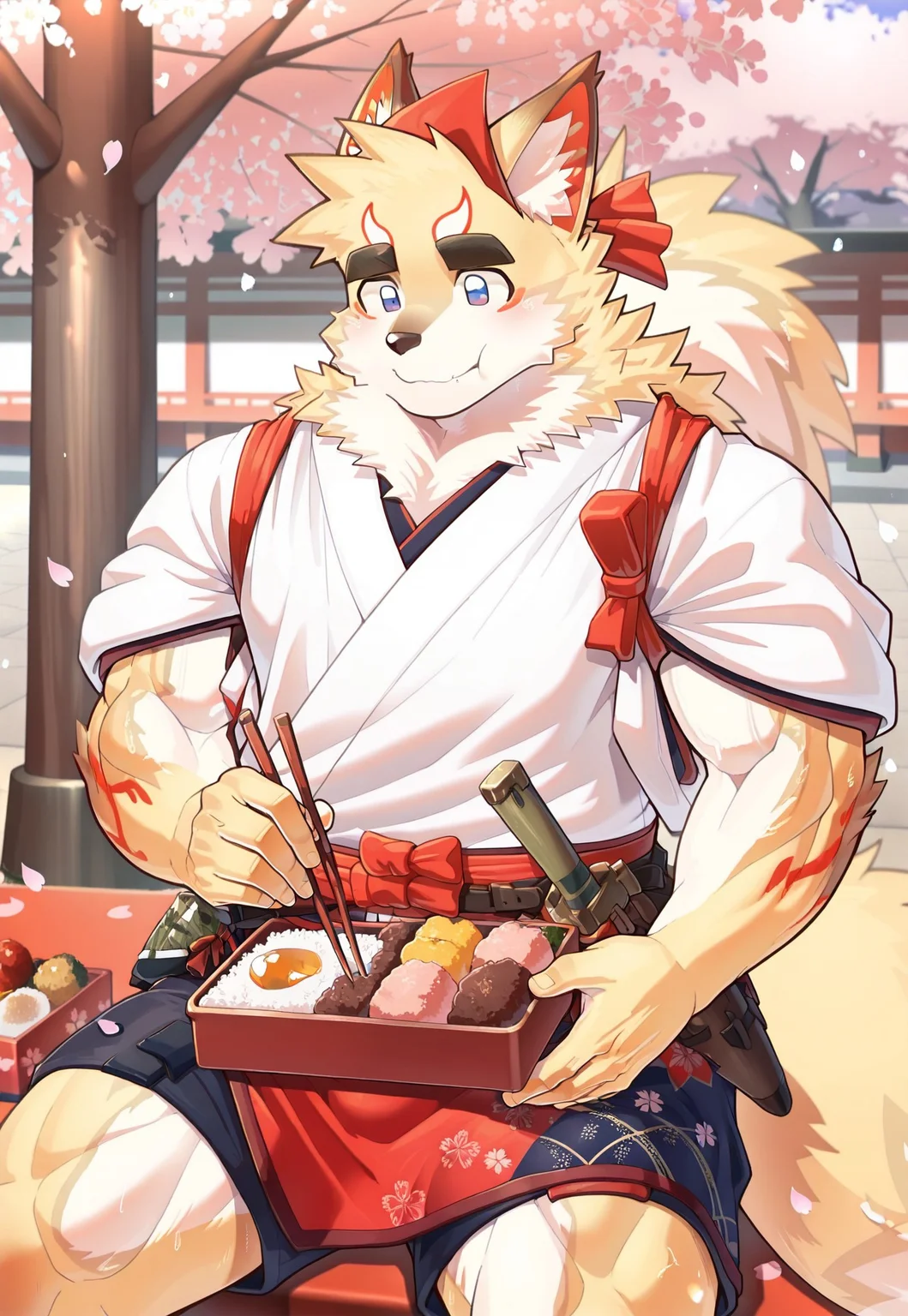 masterpiece, best quality, amazing quality, 1boy, solo, male focus, muscular male, furry male, bara, fox boy, inari_tas, blue eyes, white kimono, tasuki, shorts, waist apron, hachimaki, holding chopstick, sitting under sakura tree, eating bento, pov shot, sakura tree, failing petals, outdoors, cowboy shot
