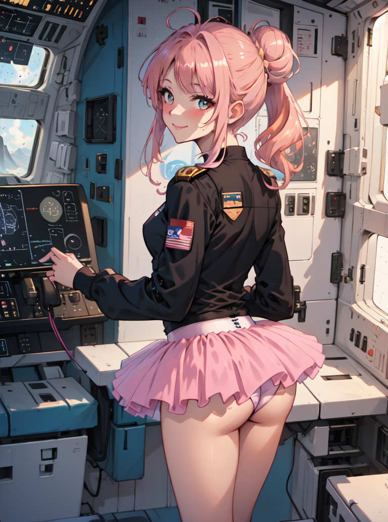 beautiful woman wearing a grapefruit pink (tutu skirt), <lora:tutu_skirt-SD-1.0:0.8>,
coy smile, looking at viewer,
(pink hair Messy Bun),
long sleeve dress,
small breasts,
__artist_anime__,
from behind,
(space shuttle cockpit),
looking up at the sky,