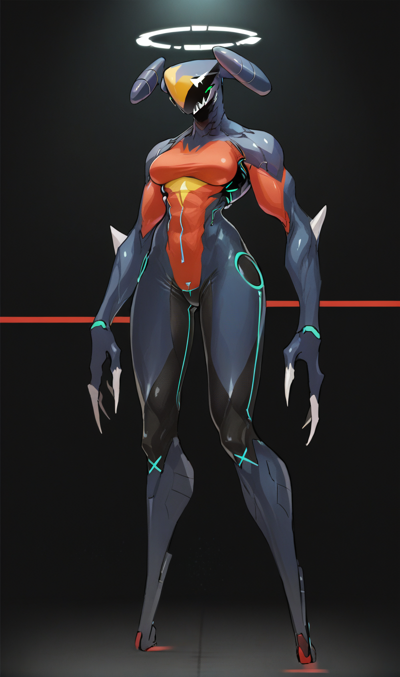 Score_9, score_8_up, score_7_up, score_6_up,  source_anime, 1girl, solo, full body, black backdrop, robot girl,  neon trim, bodysuit, halftones, medium breasts, halo, glowing visor,  <lora:HORiZON_DOLLS_by_EchanisEnicha-000010:1>, BREAK,  garchomp, huge muscle, bodybuilder woman, pokemon