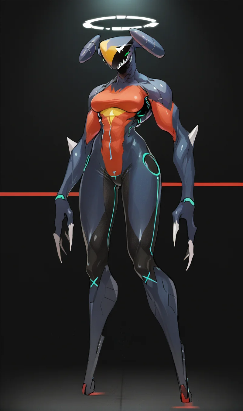 Score_9, score_8_up, score_7_up, score_6_up, source_anime, 1girl, solo, full body, black backdrop, robot girl, neon trim, bodysuit, halftones, medium breasts, halo, glowing visor, <lora:HORiZON_DOLLS_by_EchanisEnicha-000010:1>, BREAK, garchomp, huge muscle, bodybuilder woman, pokemon