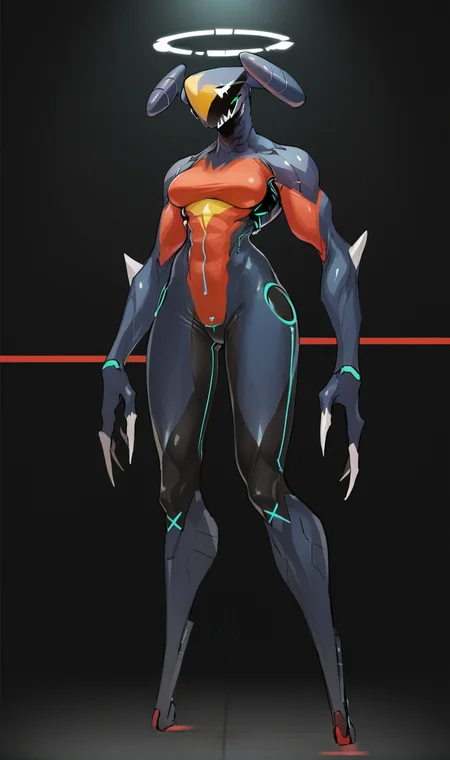 Score_9, score_8_up, score_7_up, score_6_up, source_anime, 1girl, solo, full body, black backdrop, robot girl, neon trim, bodysuit, halftones, medium breasts, halo, glowing visor, <lora:HORiZON_DOLLS_by_EchanisEnicha-000010:1>, BREAK, garchomp, huge muscle, bodybuilder woman, pokemon