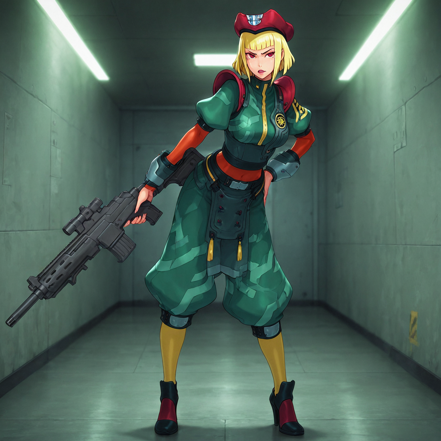 masterpiece, best quality, amazing quality, psoramarl, 1girl, solo, blonde hair, blunt cut, medium hair, sidelocks, red eyes, lipstick, orange undershirt, long sleeves, military uniform, green uniform, waist armor, red shoulder pads, armor, red beret, baggy pants, arm guard, belt, heels, yellow stockings, heels, holding rifle, standing pose, >:(, indoors, military base