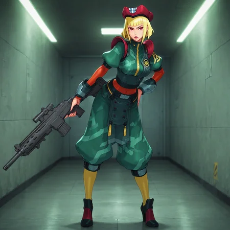 masterpiece, best quality, amazing quality, psoramarl, 1girl, solo, blonde hair, blunt cut, medium hair, sidelocks, red eyes, lipstick, orange undershirt, long sleeves, military uniform, green uniform, waist armor, red shoulder pads, armor, red beret, baggy pants, arm guard, belt, heels, yellow stockings, heels, holding rifle, standing pose, >:(, indoors, military base