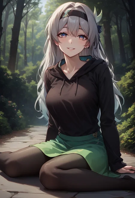 score_9, score_8_up, score_7_up, source anime, anime screencap, masterpiece, expressive eyes, perfect face, cinematic lighting, volumetric lighting, bloom, post processing, warm light, soft light, detailed background, detailed face, extremely detailed face, beautiful face,, 1 girl, solo,Firefly_Honkai, long hair, grey hair, , hairband , solo, , ,mature female, face down, ,black hoodie, green skirt, black pantyhose, medium breasts,, , outdoors, satisfied, satisfied face, smile,,,  in forest, bush, tree trunk, sitting, looking at viewer