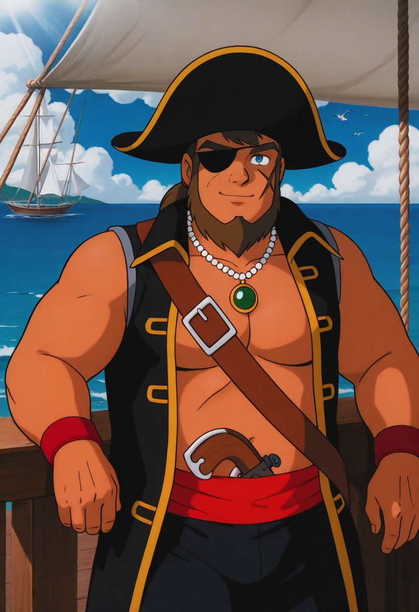1boy, day, sunlight, leaning back, smile, (upper body:1.5), light smile, looking at viewer, against railing, facing viewer,
BREAK
captainkidd, retro artstyle, mature male, dark skin, brown hair, long hair, ponytail, long sideburns, beard, eyepatch, scar on face, blue eyes, thick eyebrows, plump,
BREAK
pirate, pirate hat, bead necklace, green gem pendant, sleeveless, black waistcoat, shoulder strap, yellow trim, open clothes, red sash, red wristband, black pants, black footwear, topless,
BREAK
thick arms, large pectorals, thick thighs, blue sky, horizon, ocean, outdoors, cloudy sky, island, on ship, seagull,
BREAK
best quality, masterpiece, very aesthetic, absurdres, highest detailed, very awa, <lora:Captain_Kidd_from_Doraemon_Nobitas_Great_Adventure_in_the_South_Seas_v1.0:1>