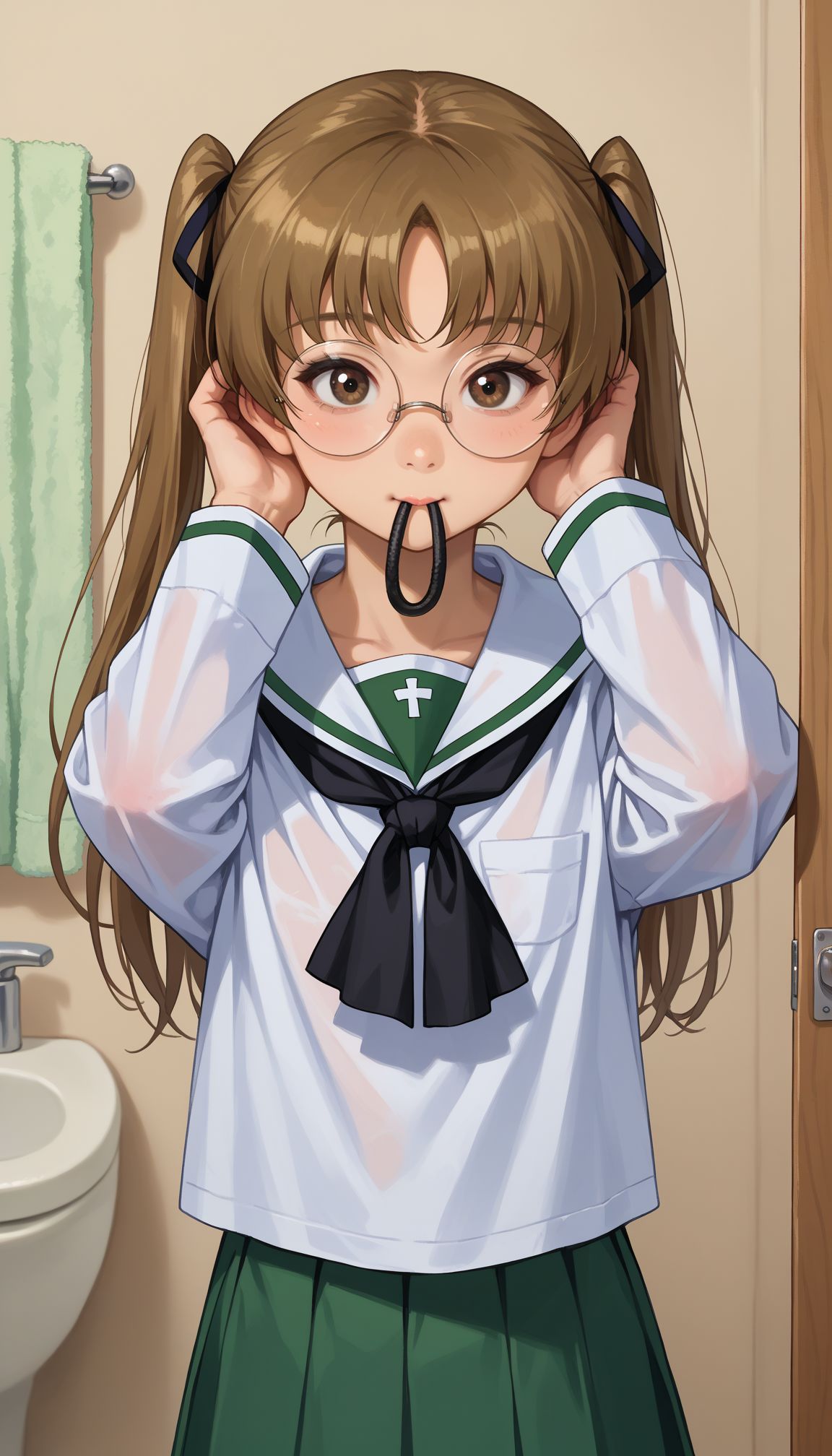 score_9, score_8_up, score_7_up, score_6_up, , solo, 20yo woman, (Beuty:1.1) , (cute:1.3), ,perfecteyes , seductive smile,perfect (photo realistic:1.2), (simple background:1.1),
 <lora:GUPAya :1>, GUPAya , 1girl, glasses, brown hair, twintails, green skirt, brown eyes, pleated skirt, ooarai school uniform, long hair, white shirt, mouth hold, mirror, bathroom, long sleeves, black ribbon, serafuku, miniskirt, hair ribbon, tying hair, standing, towel, cowboy shot, round eyewear, indoors, blouse, reflection, adjusting hair, black neckerchief, rimless eyewear, sailor collar