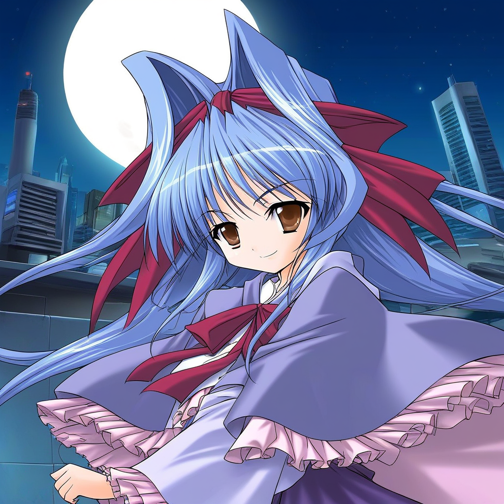 score_9, score_8_up, score_7_up, source_GAME, rating_explicit, BREAK <lora:Shion_mahjong_XL:1> Shion_mahjong, very long hair, blue hair, hair bow, hair intakes, brown eyes,  short stack, hair bow, white and purple dress 
solo, bow, upper body, capelet, frills, hair ribbon, wine red bow,  looking at viewer,
smile, 
cyberpunk, gigantic size full moon,  night, near future city, buildings, outdoors,