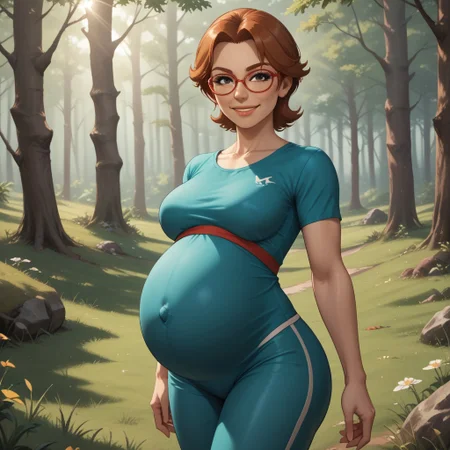 score_9, score_8, BREAK, solo, wii, mii, wii sports, 1girl, female mii, black eyes, auburn hair, brown eyebrows, red glasses, lips, dark green clothing, black pants, shoes, nintendo mii, modern_mii, classic_mii, breasts, yoshi_(wii_sports), adult female, mature female, breasts, (((pregnant))), sexy pose, self portrait, smile, outdoors, sunlight, shadows, evening lighting, natural lighting, forest, trees, grass, orange sky, sunset